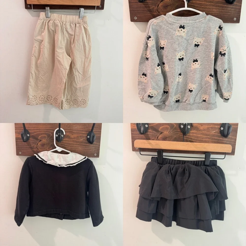 H&M Girls 4pc Bundle Cat Sweatshirt Peter Pan Cardigan Eyelet Pants Ruffle Skirt